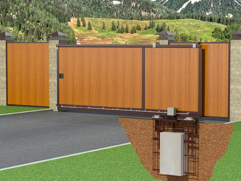 Монтаж силовой  рамы.  <br>Котлован глубиной 1 500 мм, шириной 500 мм и длиной, указанной в монтажной карте (i + 600), в соответствии с разметкой. Проведите песчано-гравийную подсыпку для котлована на высоту 100 мм. Бетонная подушка должна начинаться от края проема, а ее боковой край должен примыкать к поверхности столбов заказчика, если в карте бетонирования нет других указаний.